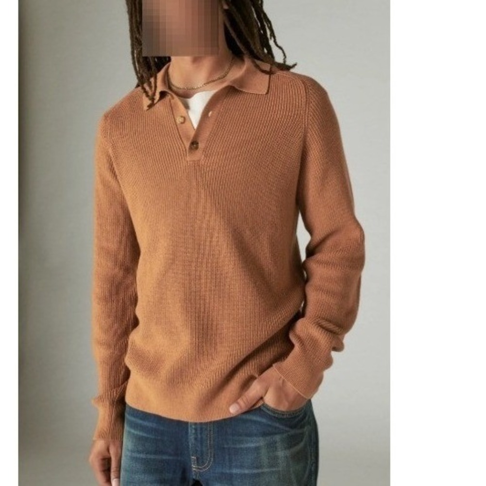 Lucky Brand Mens Brown Ribbed Cashmere Blend Polo Sweater Large Workwear Classy